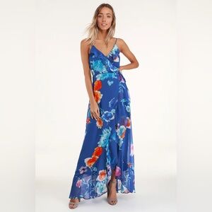 Royal Blue Floral Print Ruffled Wrap Maxi Dress